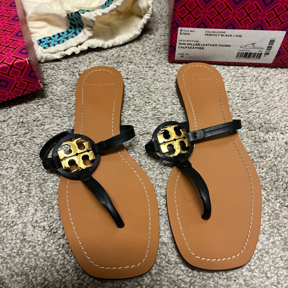 Tory Burch Shoes - Black and Gold Leather Thong Sandals